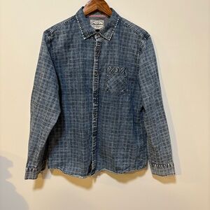 Flag & Anthem Men’s Large Chambray Plaid Denim Button-Up Shirt 100% Cotton